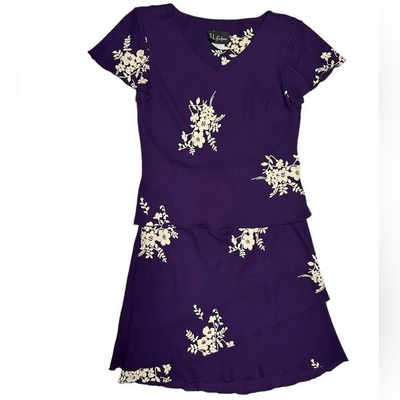 Vintage S.L. Fashions Two Piece Purple Skirt Set Matching Top Floral Pattern - Picture 1 of 10